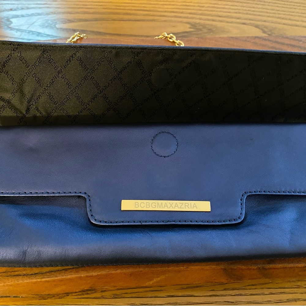 NWOT. BCBG Maxazria navy blue (shimmery look) clutch/shoulder strap handbag. - Picture 2 of 13